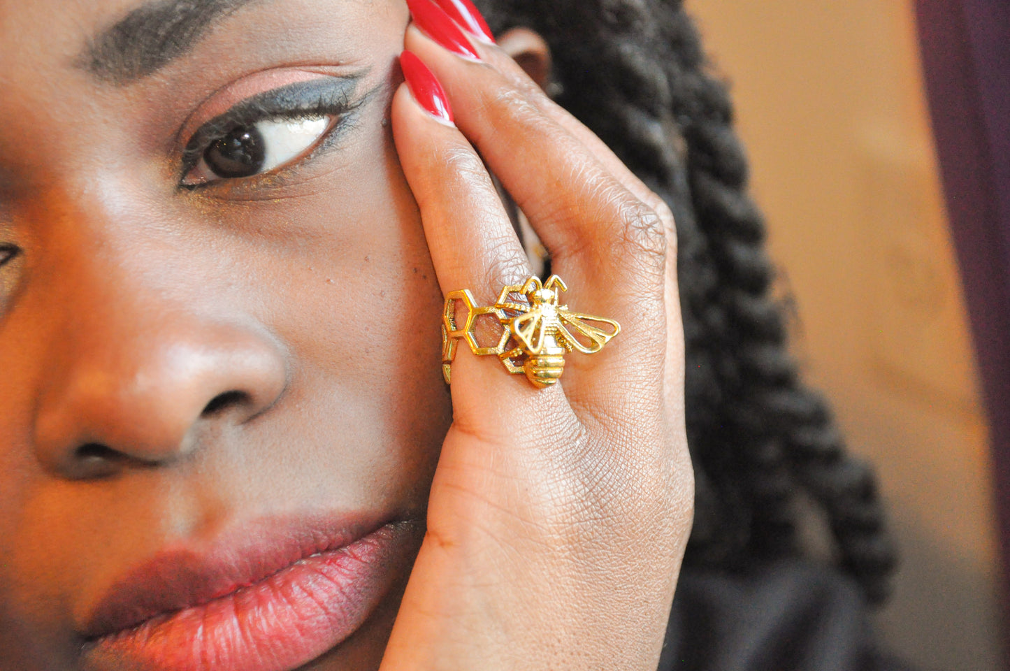 Adjustable Bee and Honeycomb Brass Ring