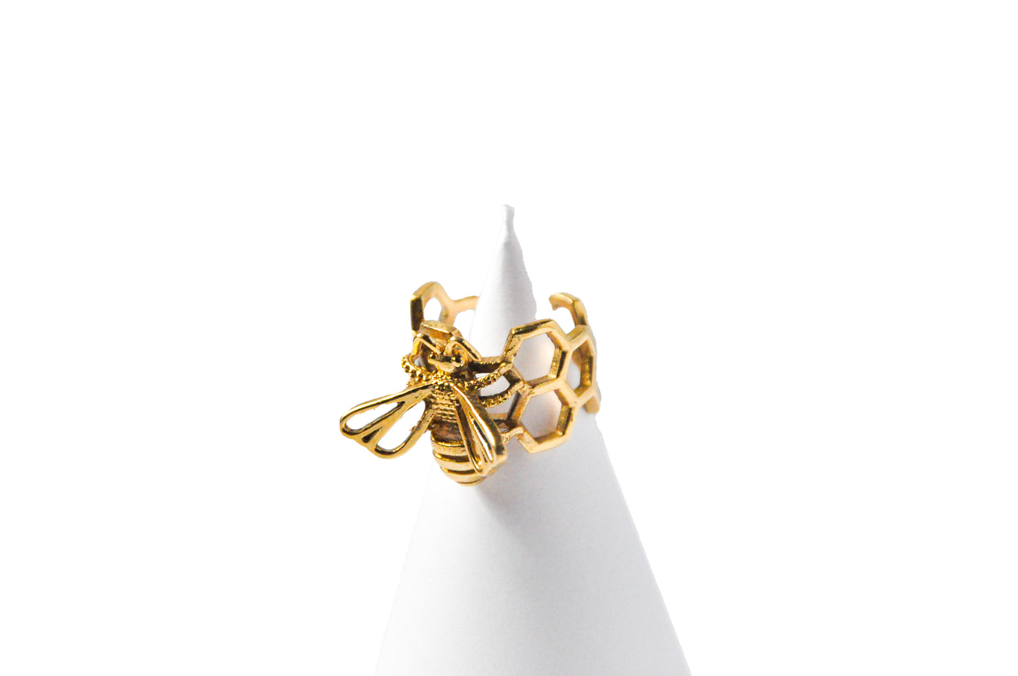 Adjustable Bee and Honeycomb Brass Ring