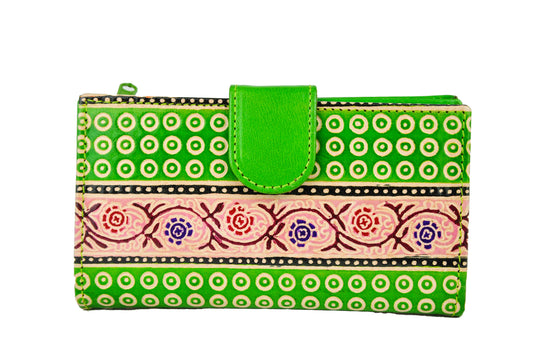 Bobby Flower Embossed Leather Wallet – Green Floral & Geometric Design