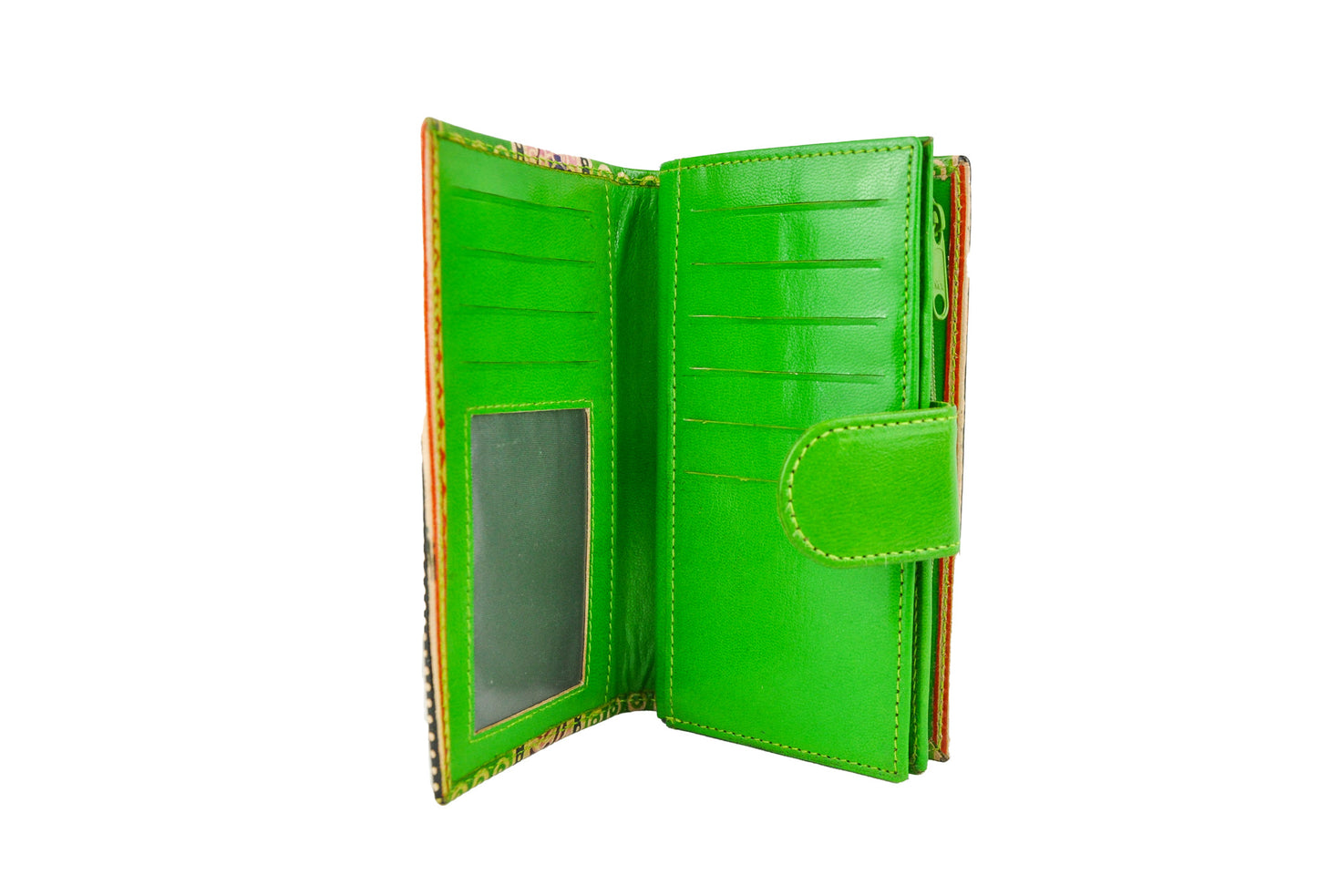 Bobby Flower Embossed Leather Wallet – Green Floral & Geometric Design
