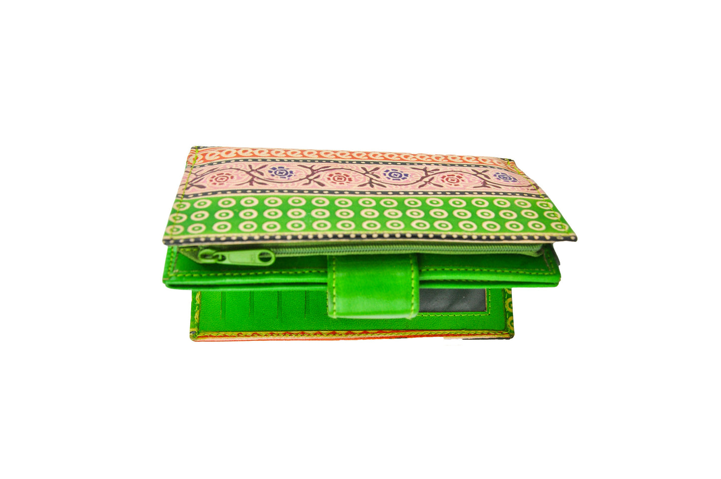 Bobby Flower Embossed Leather Wallet – Green Floral & Geometric Design