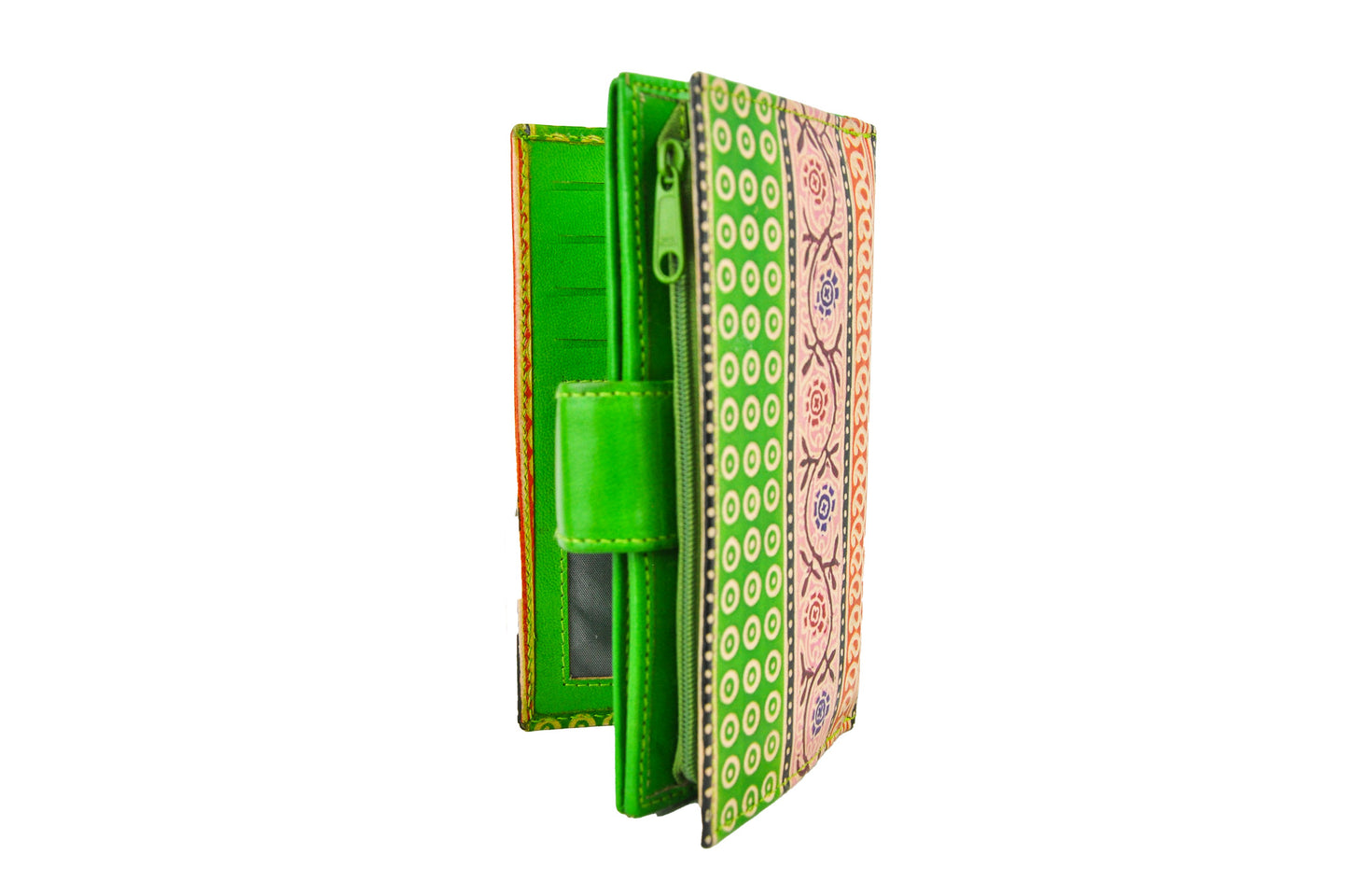Bobby Flower Embossed Leather Wallet – Green Floral & Geometric Design