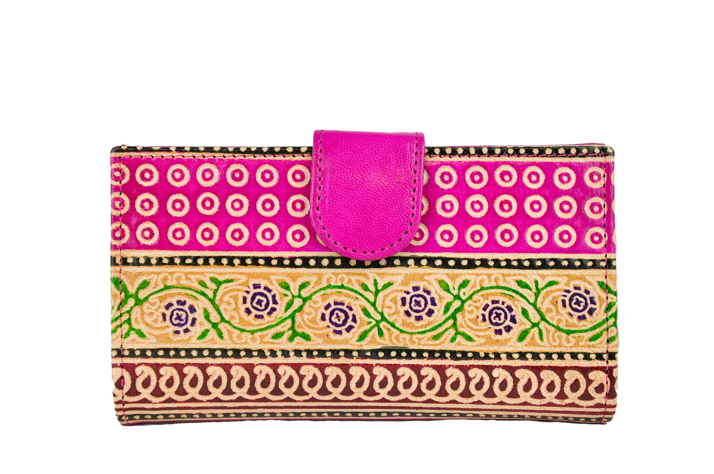 Bobby Flower Embossed Leather Wallet – Green Floral & Geometric Design