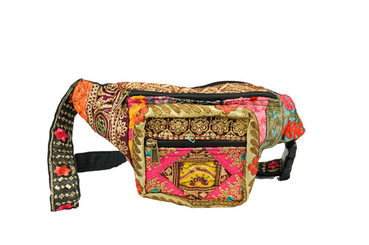 Colorful waist bag with intricate patterns on a white background