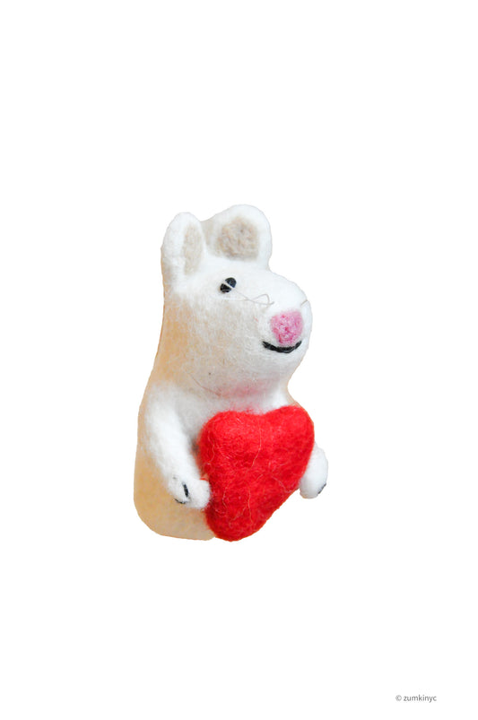 Mouse with Heart Felt Wool Finger Puppet