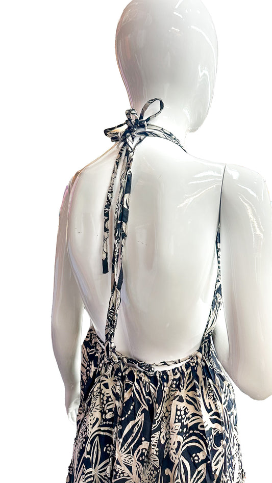 Back view of black and cream paisley halter maxi dress, tie-back straps, empire waist, handmade in Thailand