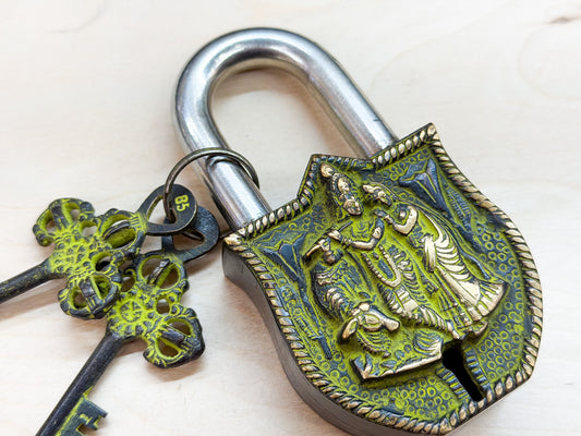 Handcrafted Brass Krishna Padlock with Vintage Keys – Decorative Hindu Lock Made in India