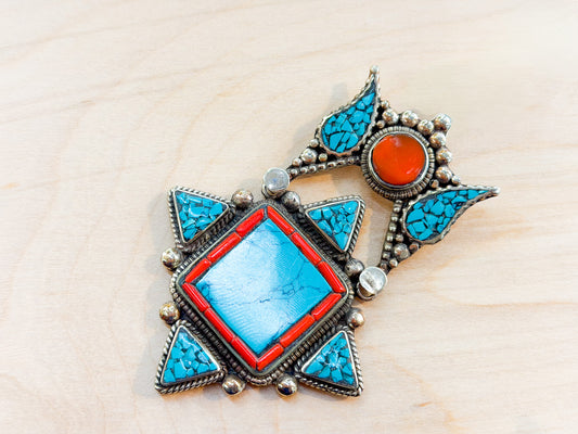Turquoise & Coral Inlay Tibetan Pendant – Handmade in Nepal