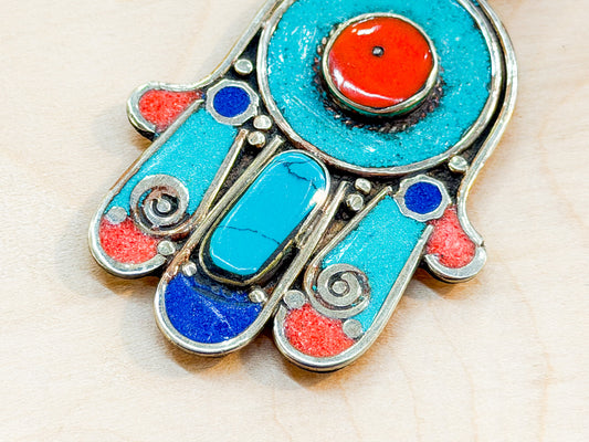 Turquoise & Coral Hamsa Pendant – Handmade Tibetan Amulet from Nepal