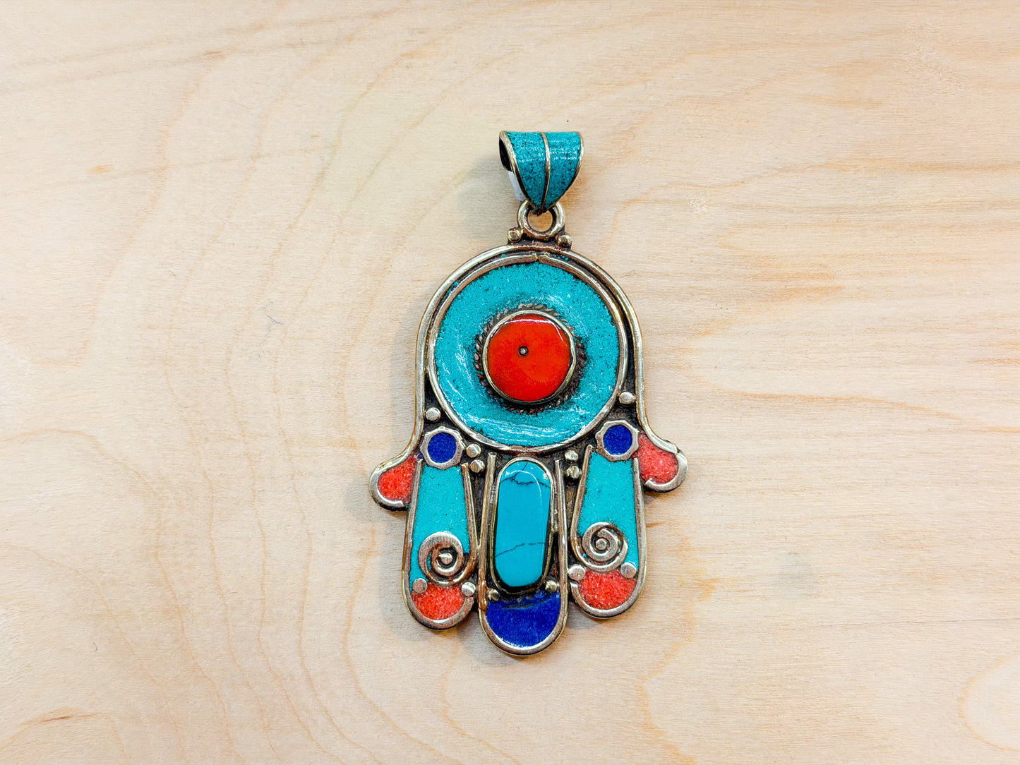 Turquoise & Coral Hamsa Pendant – Handmade Tibetan Amulet from Nepal