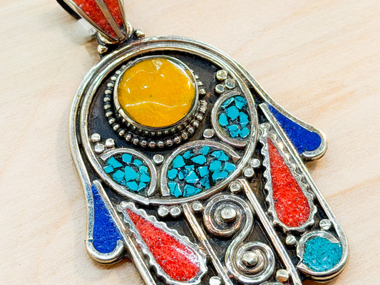 Turquoise & Coral Hamsa Pendant with Amber Accent – Handmade in Nepal