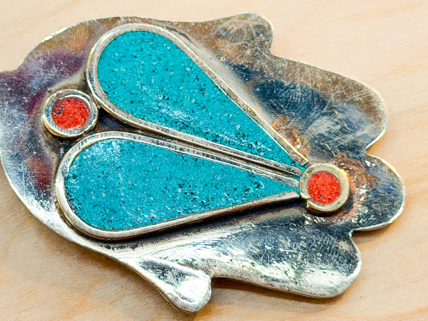 Turquoise & Coral Hamsa Pendant with Amber Accent – Handmade in Nepal