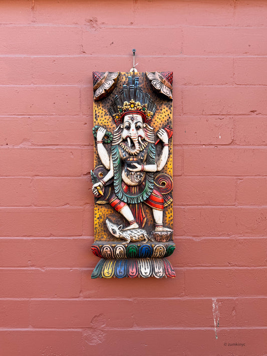 Dancing Ganesh Wooden Wall Art – Hand-Carved from Reclaimed Wood, Nepal