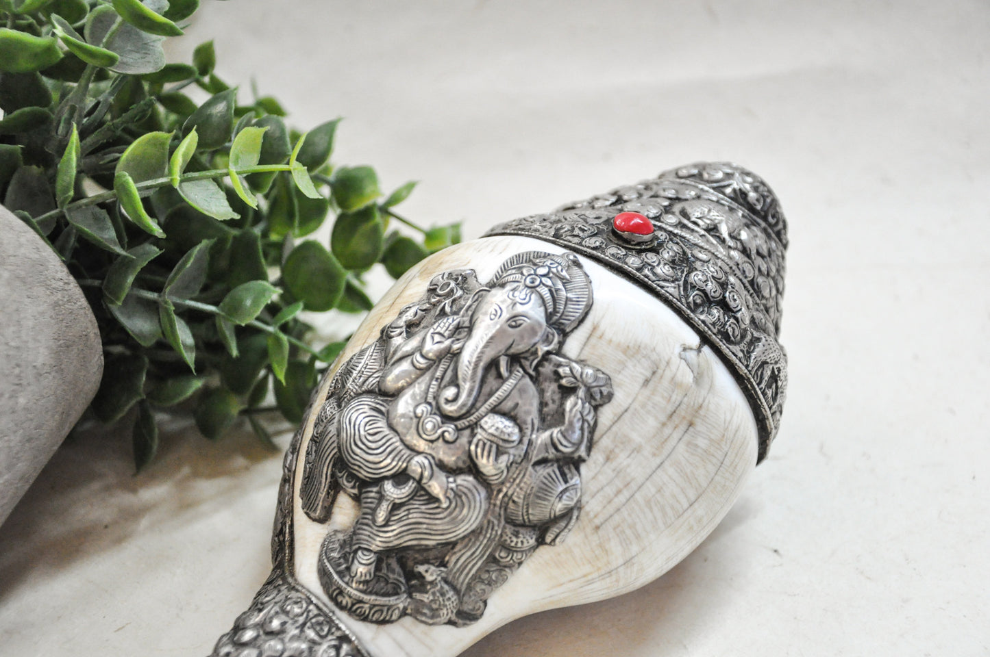 Handcrafted Tibetan Ritual Conch with Ganesha - Sacred Hindu and Buddhist Artifact