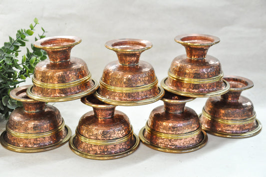 Antique Copper Tibetan Offering Bowls - Handcrafted Ritual Set