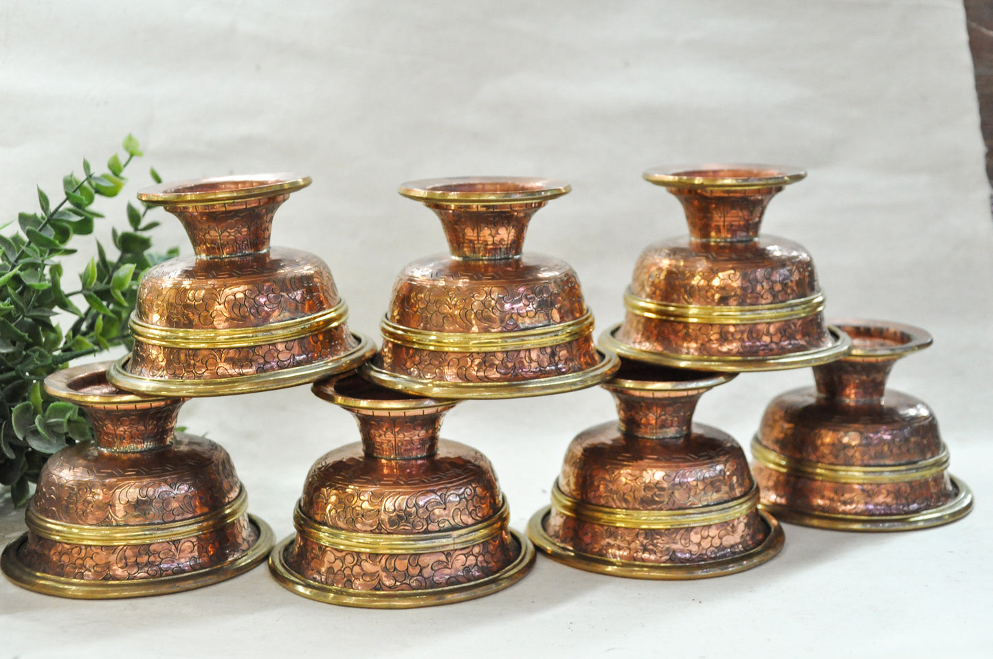 Antique Copper Tibetan Offering Bowls - Handcrafted Ritual Set