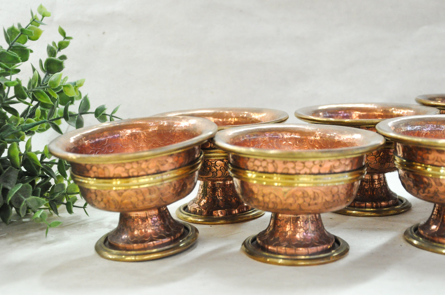 Antique Copper Tibetan Offering Bowls - Handcrafted Ritual Set