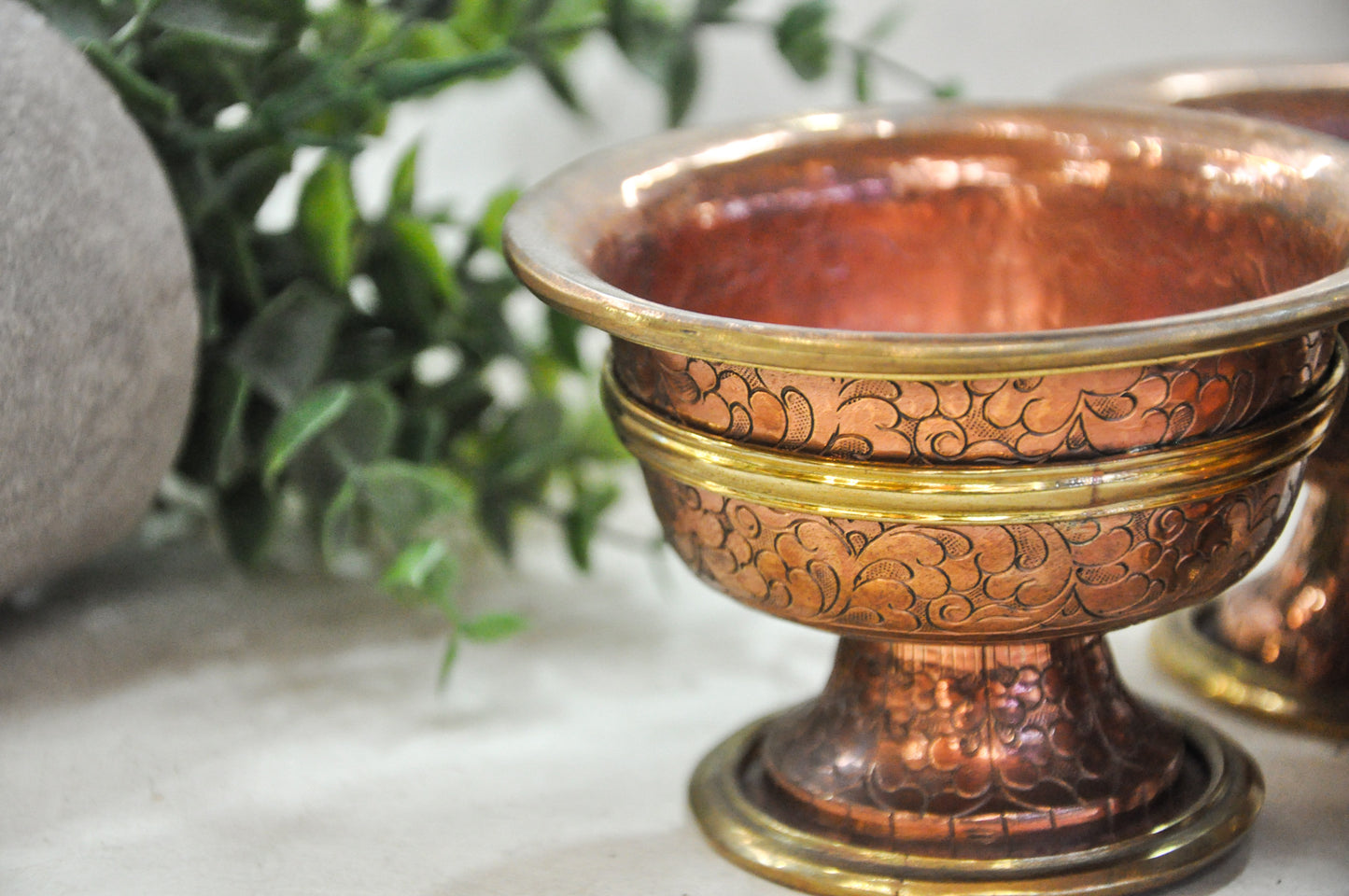 Antique Copper Tibetan Offering Bowls - Handcrafted Ritual Set