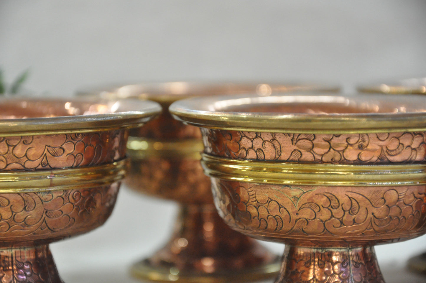 Antique Copper Tibetan Offering Bowls - Handcrafted Ritual Set