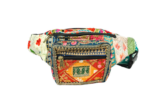 Colorful patterned waist bag with floral designs on a white background