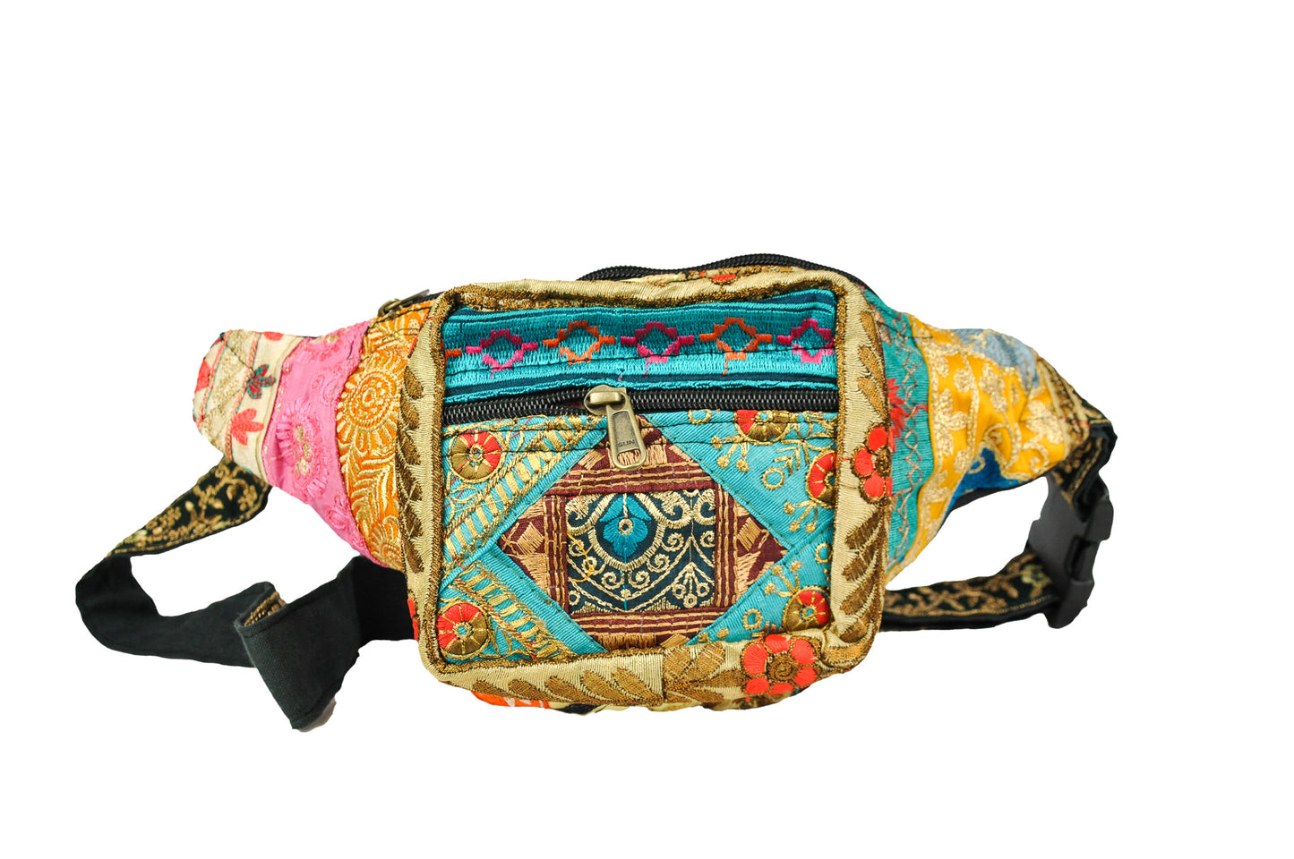Colorful waist bag with intricate patterns on a white background