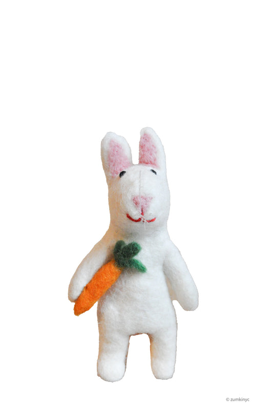 White Rabbit with Carrot Felt Wool Finger Puppet