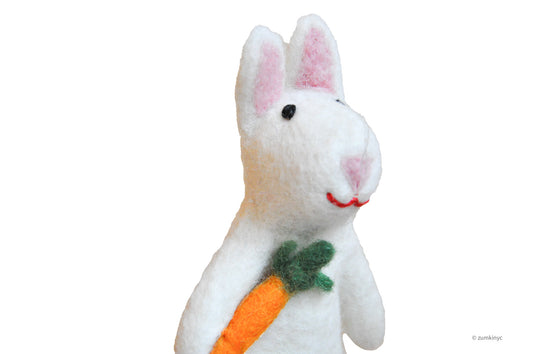 White Rabbit with Carrot Felt Wool Finger Puppet