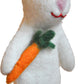 White plush rabbit finger puppet holding a carrot on a white background