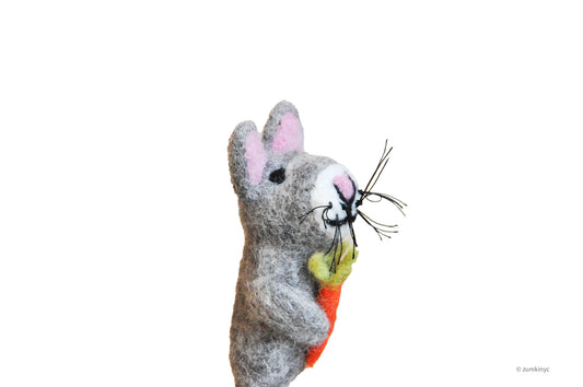 Grey Rabbit Felt Wool Finger Puppet