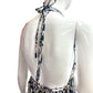 Back view of black and cream paisley halter maxi dress, tie-back straps, empire waist, handmade in Thailand