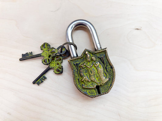 Handcrafted Brass Krishna Padlock with Vintage Keys – Decorative Hindu Lock Made in India