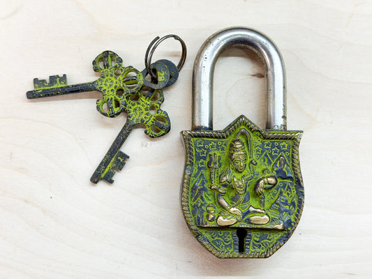Handcrafted Brass Shiva Padlock with Vintage Keys – Decorative Hindu Lock Made in India
