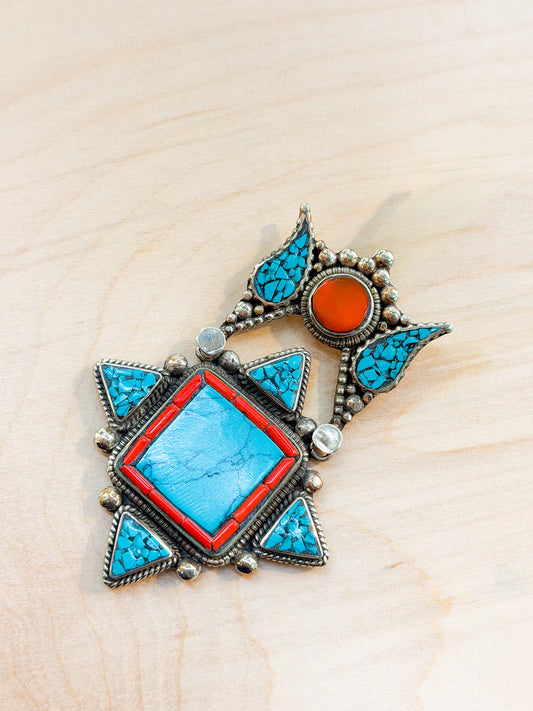 Turquoise & Coral Inlay Tibetan Pendant – Handmade in Nepal