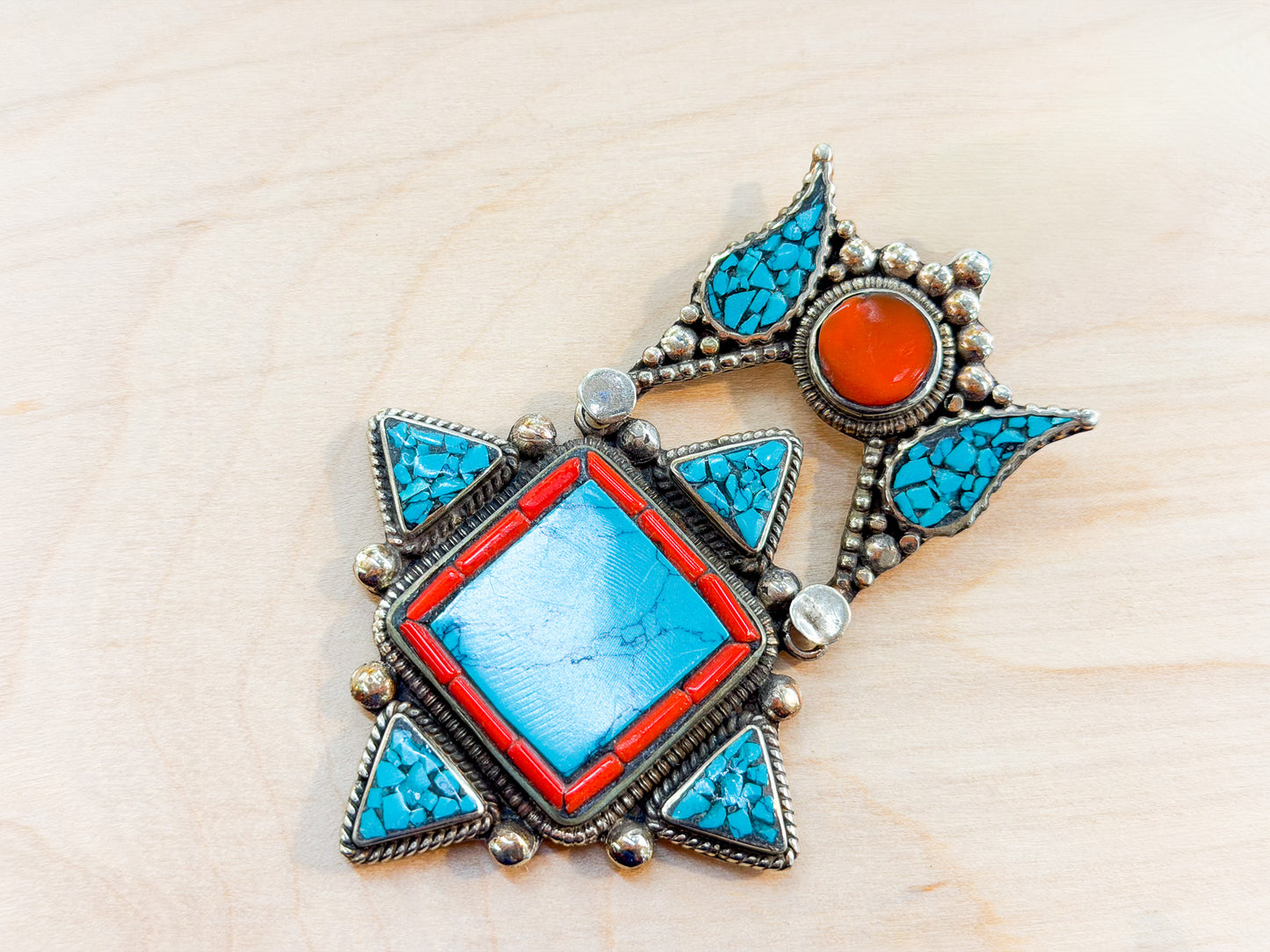 Turquoise & Coral Inlay Tibetan Pendant – Handmade in Nepal