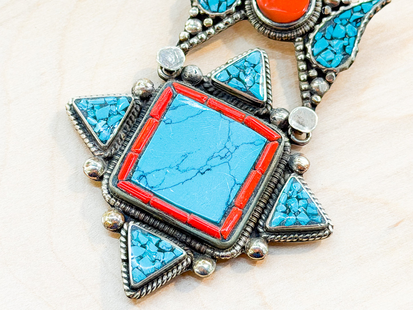 Turquoise & Coral Inlay Tibetan Pendant – Handmade in Nepal