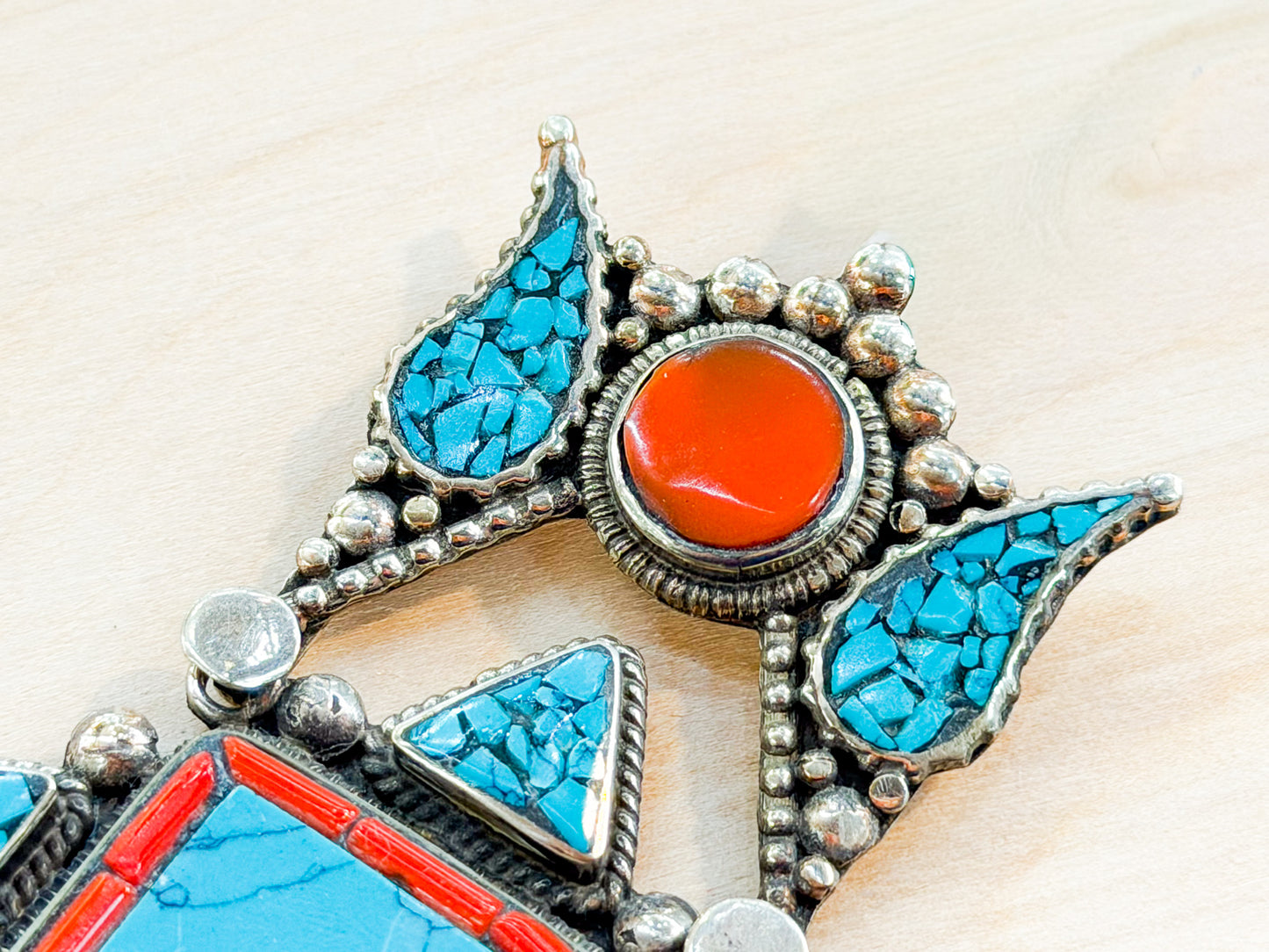 Turquoise & Coral Inlay Tibetan Pendant – Handmade in Nepal