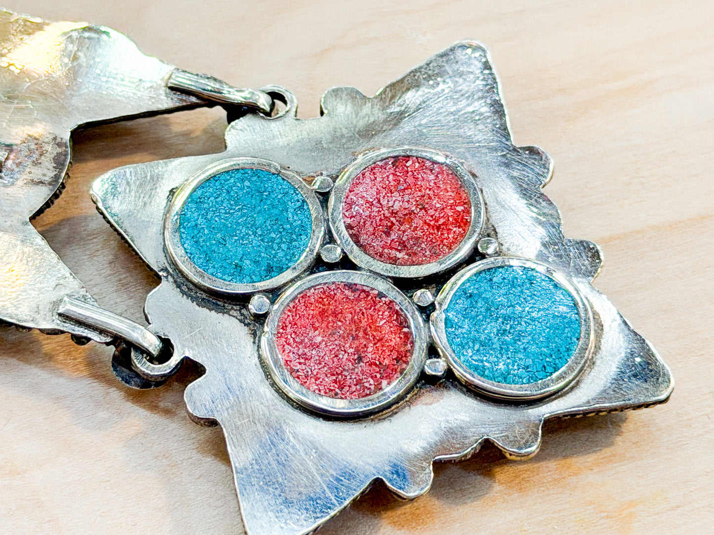 Turquoise & Coral Inlay Tibetan Pendant – Handmade in Nepal