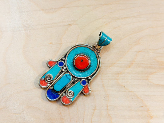 Turquoise & Coral Hamsa Pendant – Handmade Tibetan Amulet from Nepal