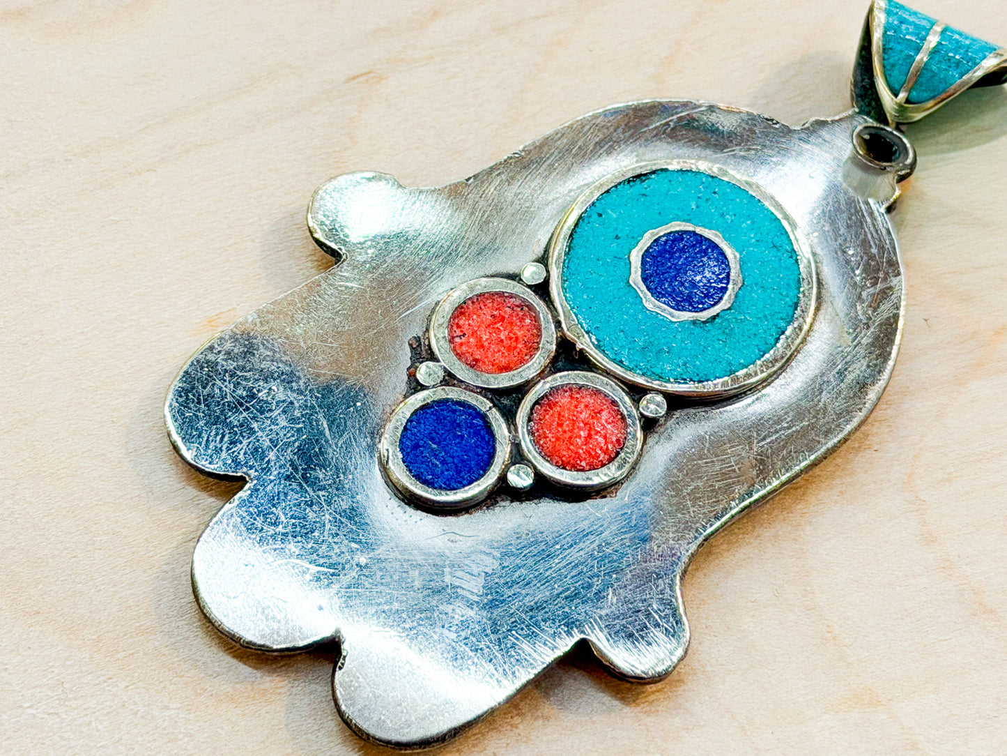 Turquoise & Coral Hamsa Pendant – Handmade Tibetan Amulet from Nepal