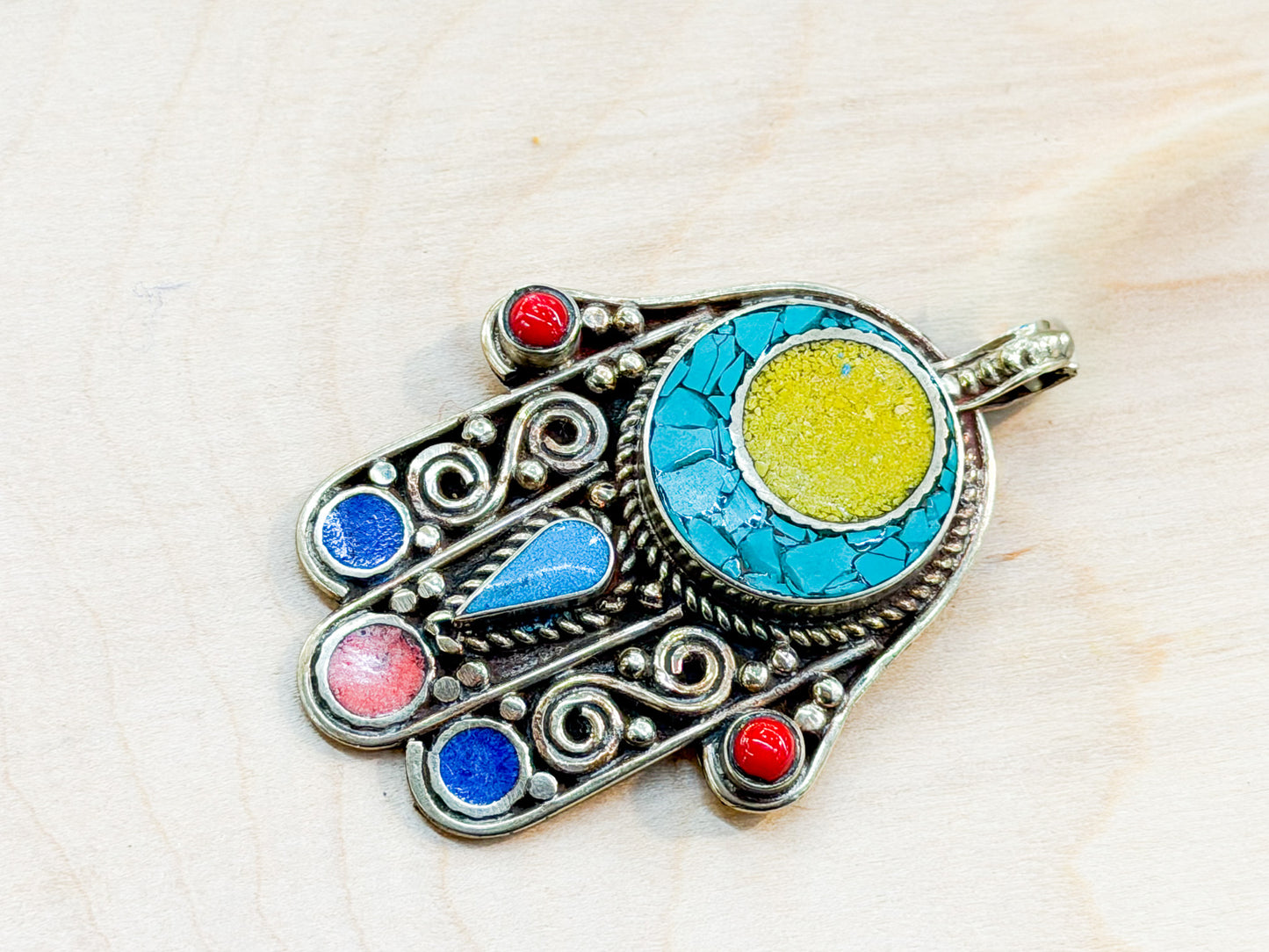 Turquoise Hamsa Hand Pendant with Amber & Coral – Tibetan Style Jewelry