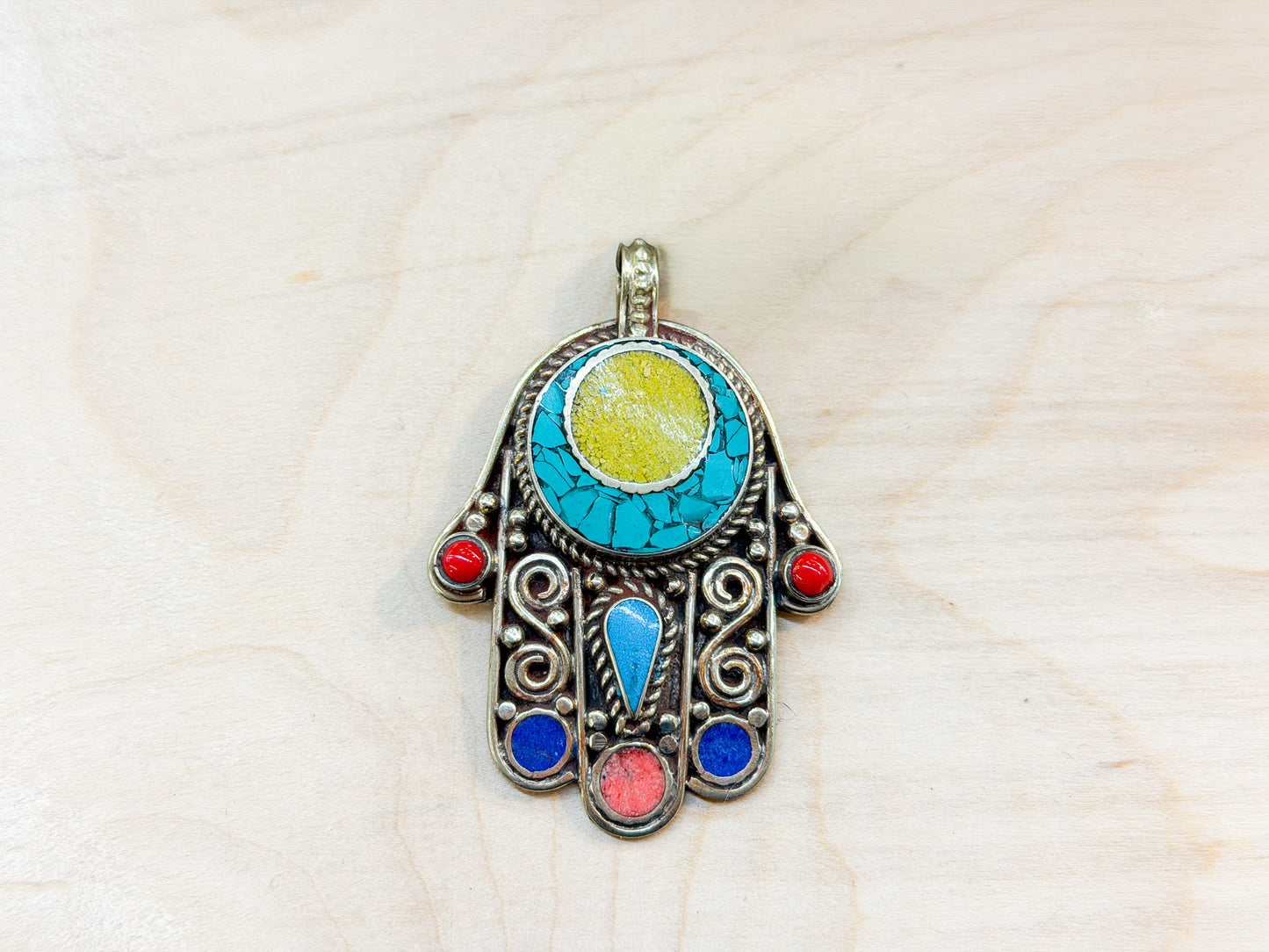 Turquoise Hamsa Hand Pendant with Amber & Coral – Tibetan Style Jewelry