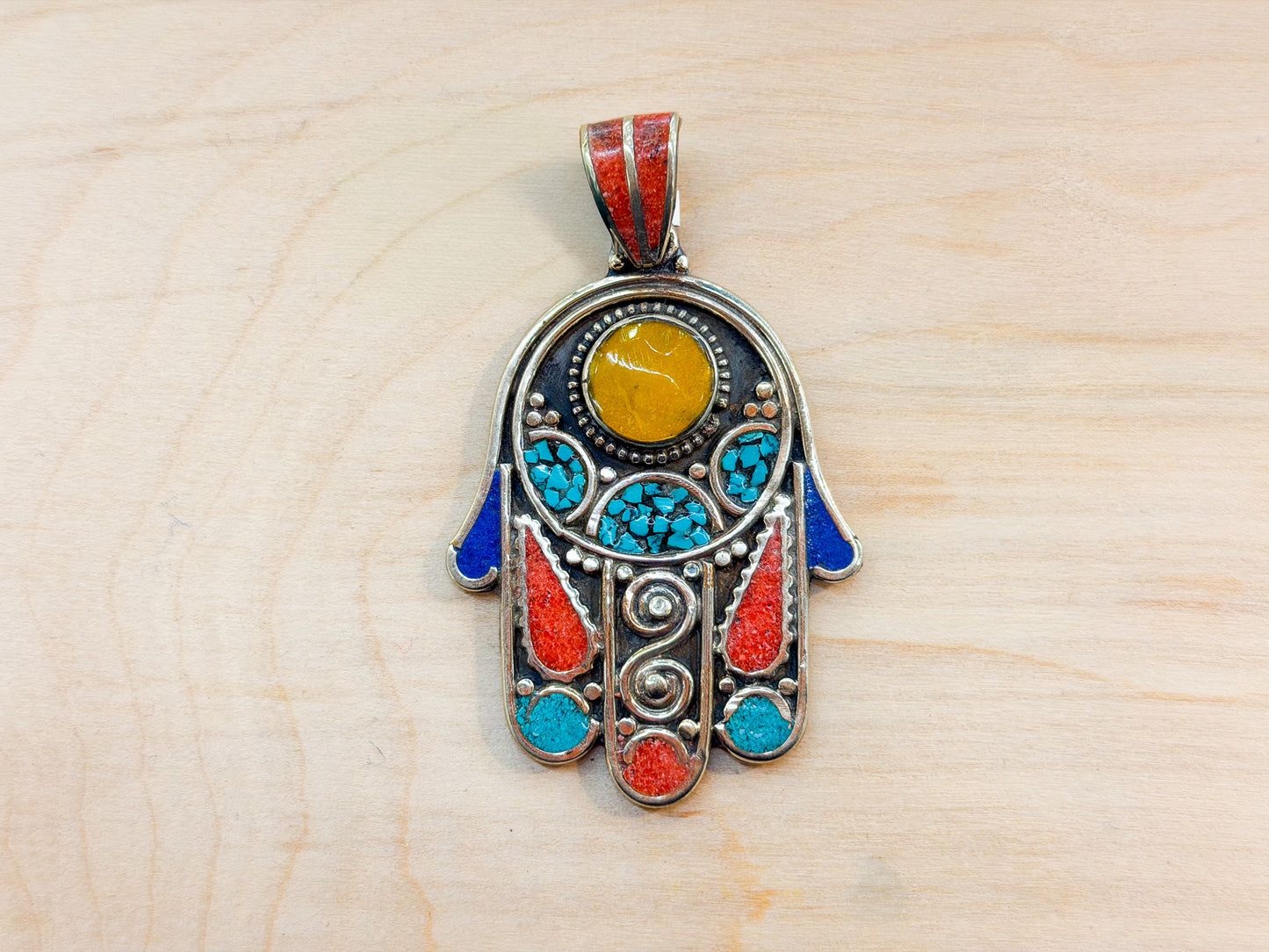 Turquoise & Coral Hamsa Pendant with Amber Accent – Handmade in Nepal