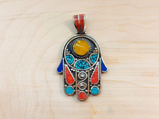 Turquoise & Coral Hamsa Pendant with Amber Accent – Handmade in Nepal