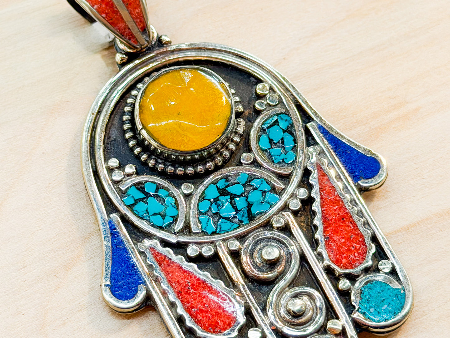 Turquoise & Coral Hamsa Pendant with Amber Accent – Handmade in Nepal