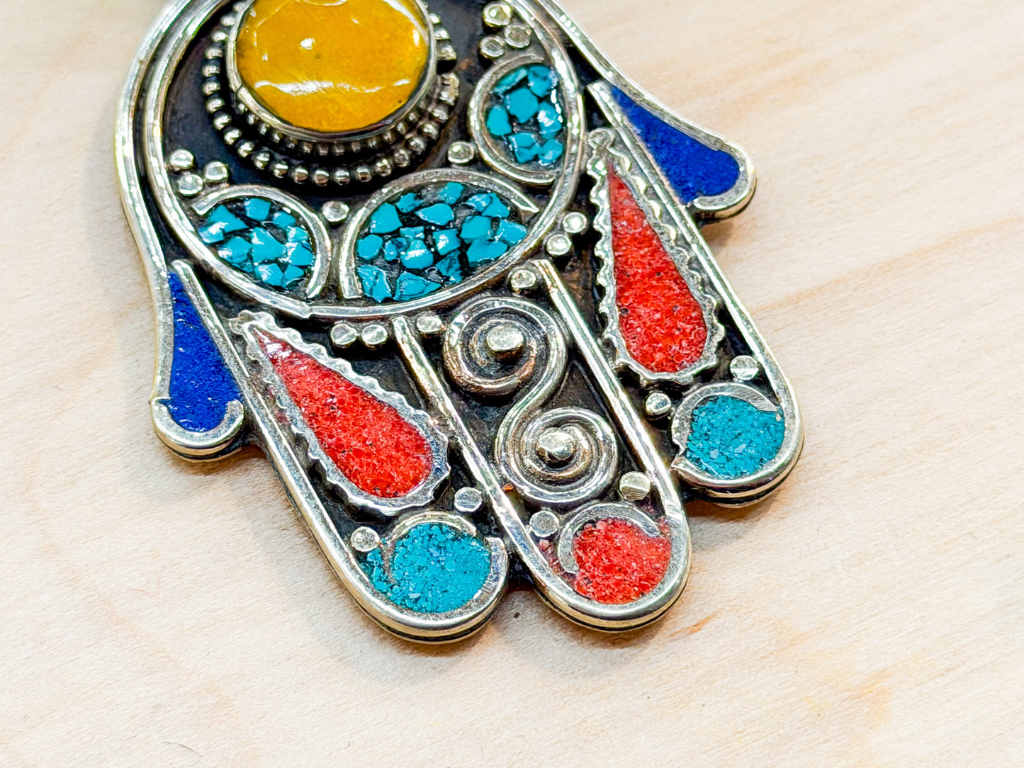 Turquoise & Coral Hamsa Pendant with Amber Accent – Handmade in Nepal