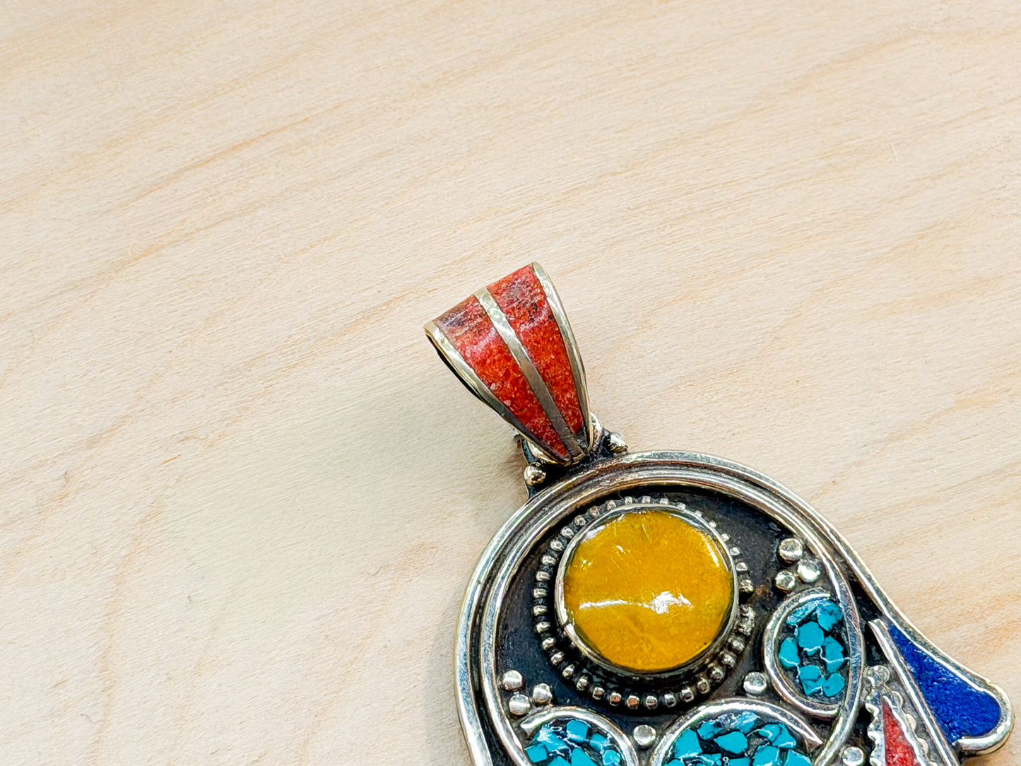 Turquoise & Coral Hamsa Pendant with Amber Accent – Handmade in Nepal