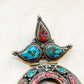 Crescent Crown Turquoise & Coral Inlay Brass Pendant – Handmade in Nepal