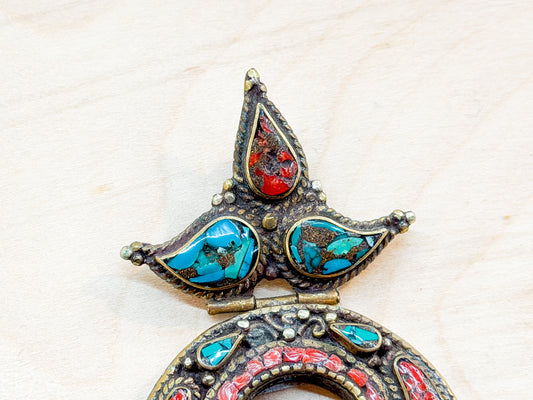 Crescent Crown Turquoise & Coral Inlay Brass Pendant – Handmade in Nepal