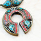 Crescent Crown Turquoise & Coral Inlay Brass Pendant – Handmade in Nepal