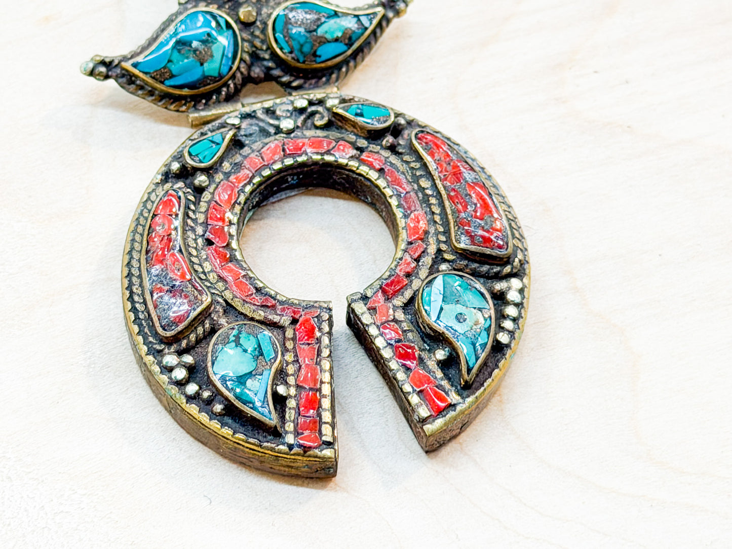 Crescent Crown Turquoise & Coral Inlay Brass Pendant – Handmade in Nepal